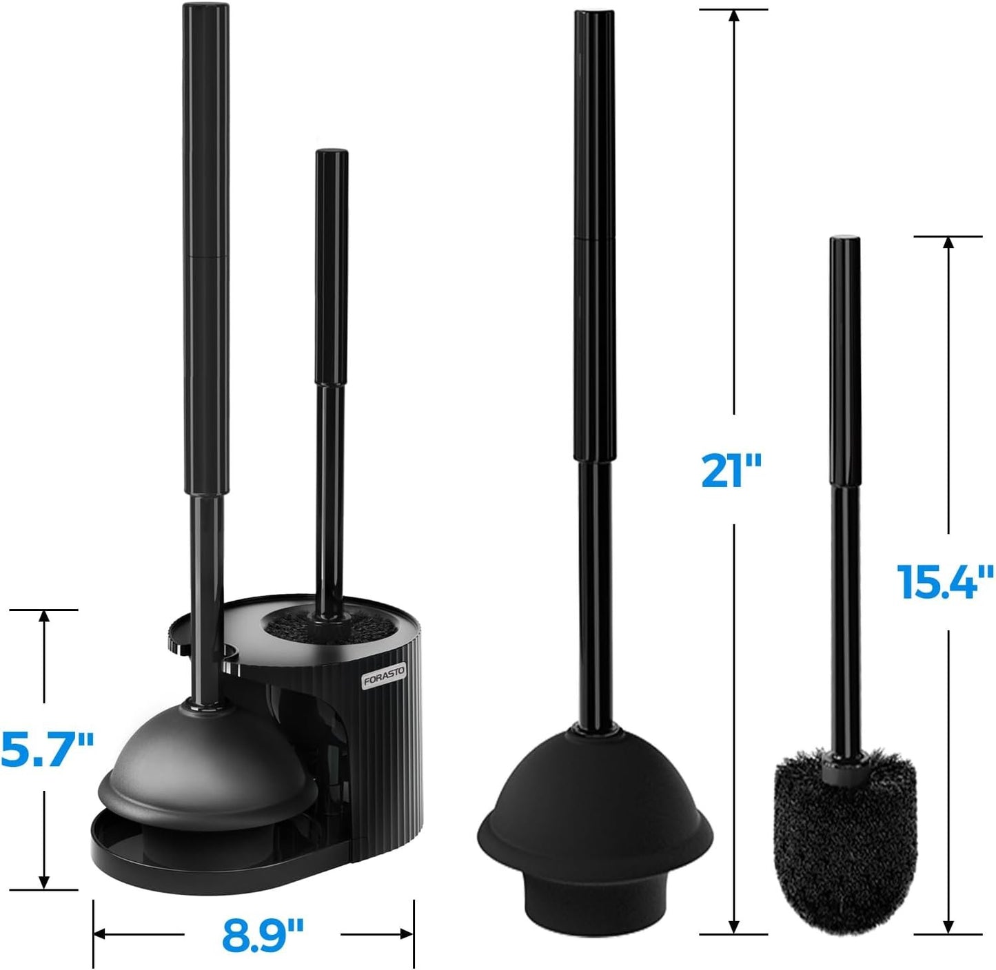 FORASTO 3 in 1 Toilet Plunger and Brush Set, Extended Handle, Groove Gap Brush, Bathroom Cleaning Tools, Toilet Bowl Brush Combo, Cleaning Supplies