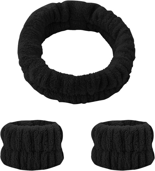 3Pcs Spa Wristbands Headband Set Face Wash Headband Wrist Band Makeup Headband Wrist Towel Hair Wrap Band Spa Wrist Washband for Washing Face Skincare (Black)