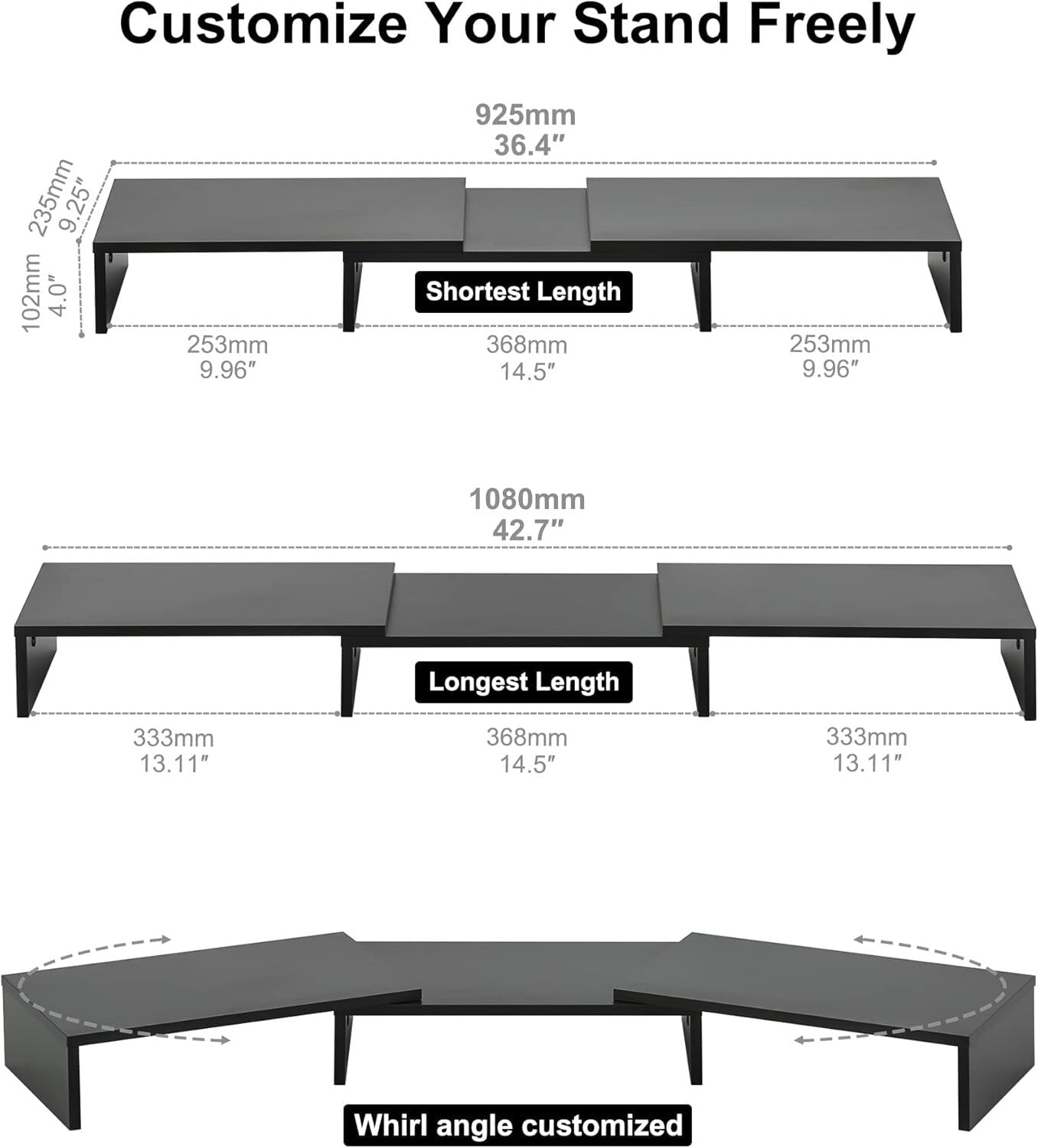 FITUEYES Dual Monitor Stand - 3 Shelf Computer Monitor Riser, Wood Desktop Stand with Adjustable Length and Angle, Desk Accessories, Office Supplies Medium Black,DT108001WB