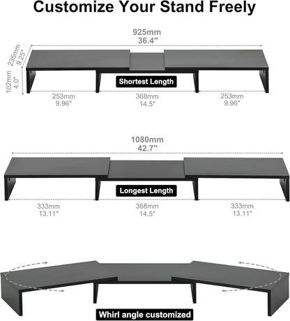 FITUEYES Dual Monitor Stand - 3 Shelf Computer Monitor Riser, Wood Desktop Stand with Adjustable Length and Angle, Desk Accessories, Office Supplies Medium Black,DT108001WB