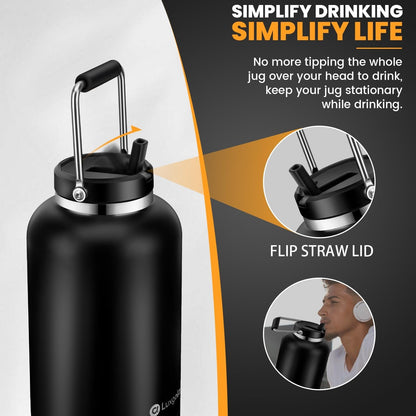 Luxgola 128 oz Insulated Water Bottle with Straw Lid and Handle, One Gallon Stainless Steel Double Vacuum Water Jug for Hot & Cold Drinks - Sweat Proof, Great for Travel, Hiking, Camping - Olive Green