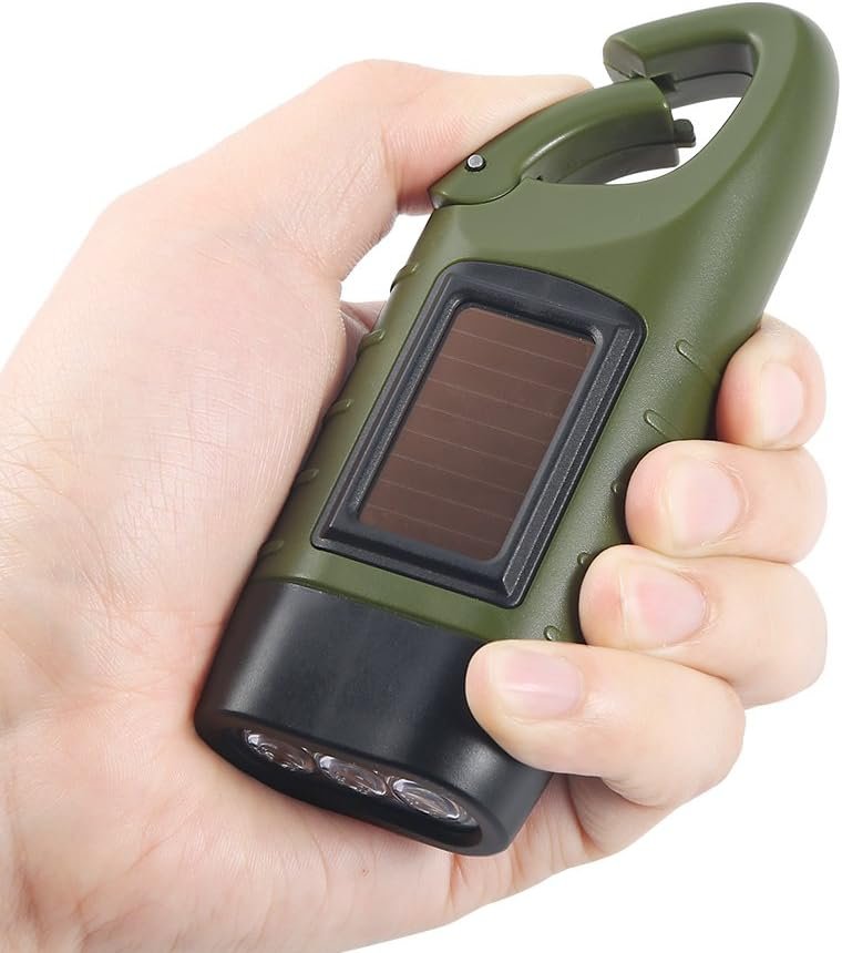 Simpeak Hand Cranking Solar Powered Flashlight, Emergency LED Flashlight Carabiner Dynamo Quick Snap Clip Backpack Flashlight Torch for Outdoor Camping Climbing Hiking, Green, Black