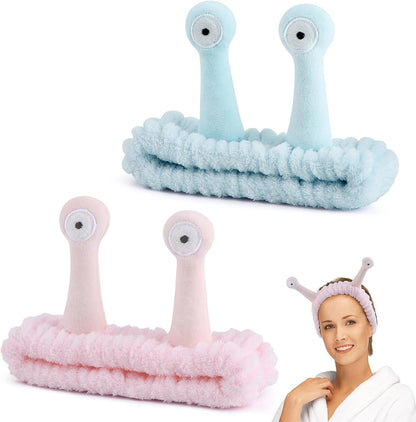 Umshlem 2 Pack Face Wash Headband Snail Spa Hair Bands Makeup Headbands Cartoon Cute Coral Fleece Elastic Headband Creative Hair Accessories for Washing Face Shower Beauty Skincare - Pink and Blue