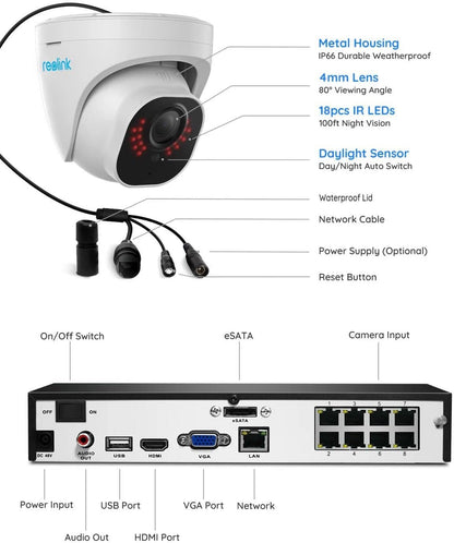 Reolink 8CH 5MP PoE Home Security Camera System, 4 Wired 5MP Outdoor PoE IP Cameras, 4K 5MP 8 Channel NVR Security System w/ 2TB HDD for 24/7 Recording, RLK8-520D4