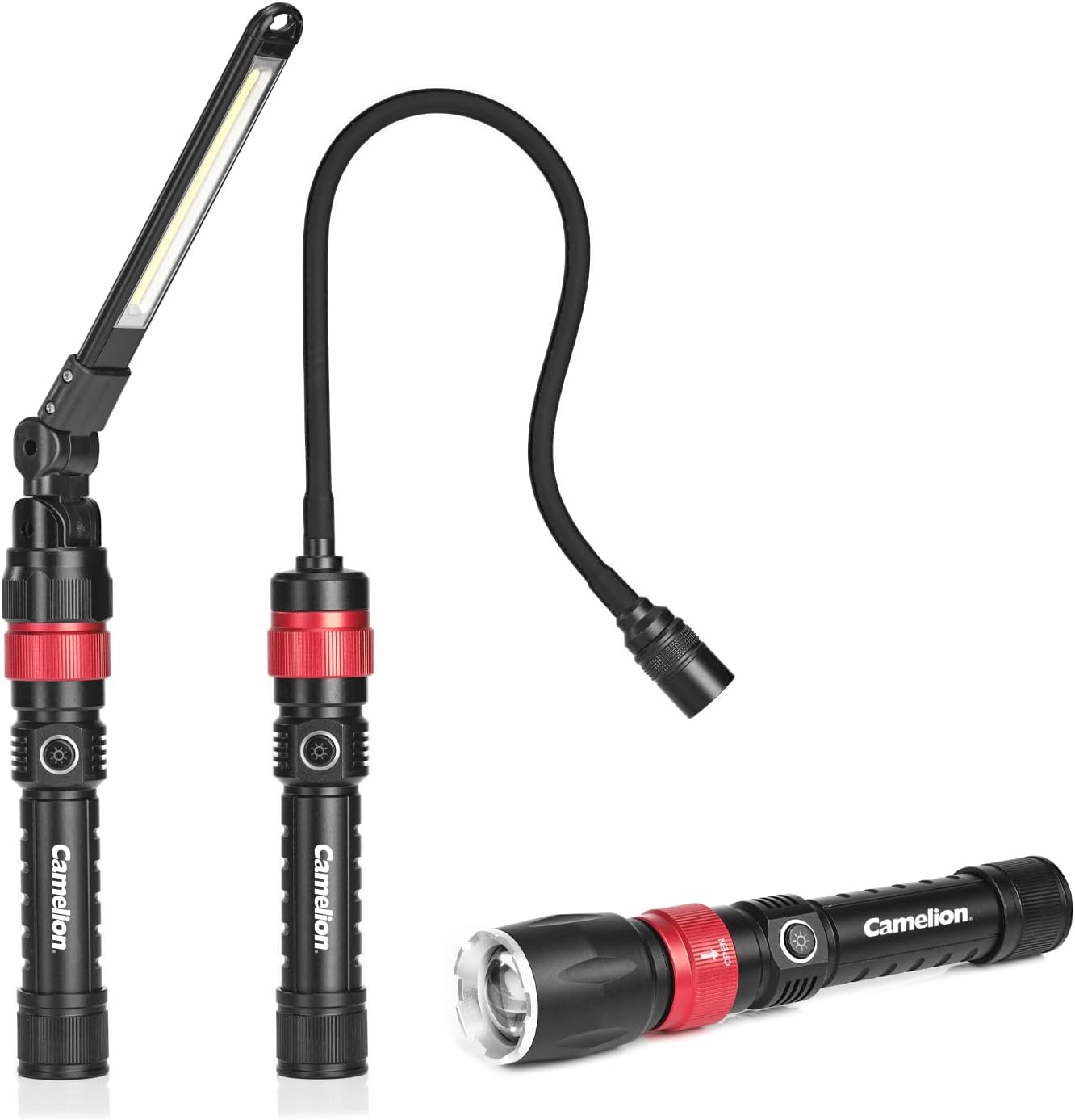 Camelion 3-in-1 LED Flashlight Kit - Rechargeable Flashlight, Work Light, and Flexible Light. Interchangeable Heads, 600 lm, 5 Light Modes, Magnetic Base, Waterproof, for Home, Outdoor, and Emergency
