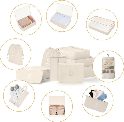Suitcase Organizer 8 Piece (Beige) Space Saving Suitcase Organizer Set Suitcase Packing Cubes Suitcase Organizer Suitcase Compression