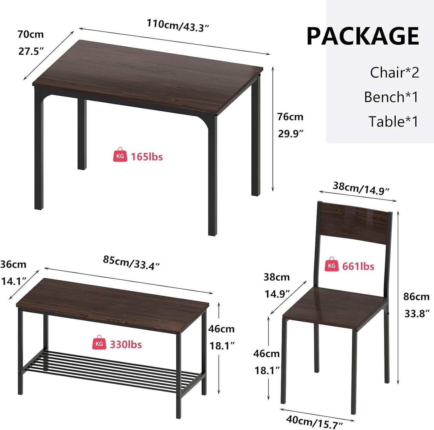 SDHYL Dining Table Set for 4 with Two Chairs and One Bench 4 Pieces Set Wooden Table Top with Metal Legs for Breakfast in Living Room, Kitchen Room, Dining Room,Space Saving Kitchen Table Set