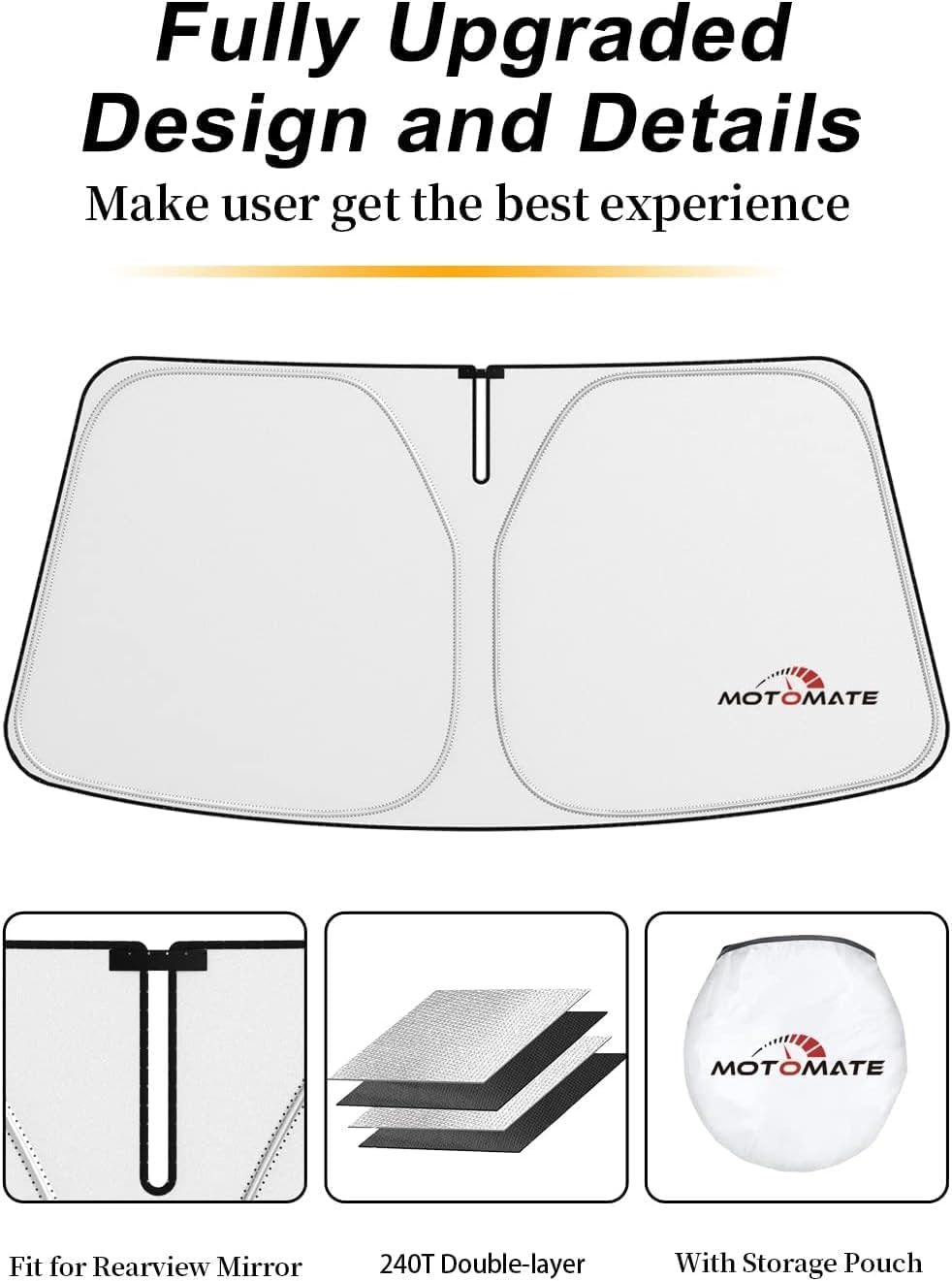 Car Windshield Sun Shade- Motomate Durable Reflective Material, Block Heat and Sun, Foldable Car Sun Shade, Car Interior Accessories,Car Shade Front Windshield to Block Harmful UV Rays, with a Pouch