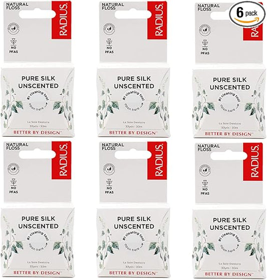 RADIUS Dental Floss, Natural Floss, Unscented Silk, 33 Yards, Compostable & Non-Toxic Oral Care Designed to Help Fight Plaque, Pack of 6