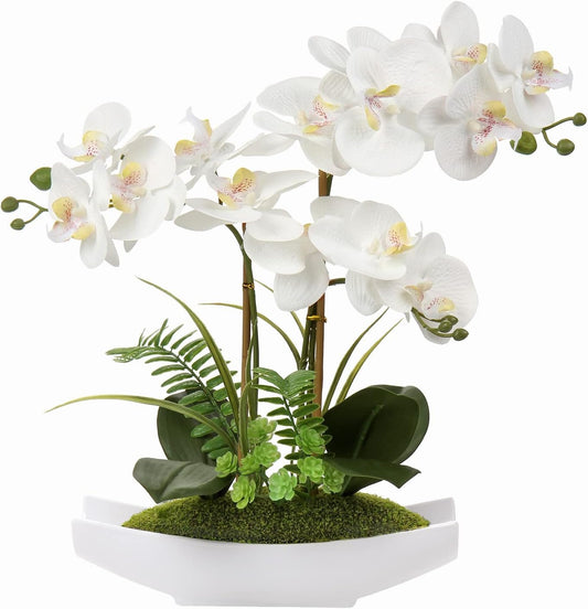 Orchids Artificial Flowers 15" Large Fake Orchid White Phalaenopsis Orchid Flower Arrangements with Ceramic Vase Faux Orchid for Home Bathroom Table Centerpiece Office Wedding Decor