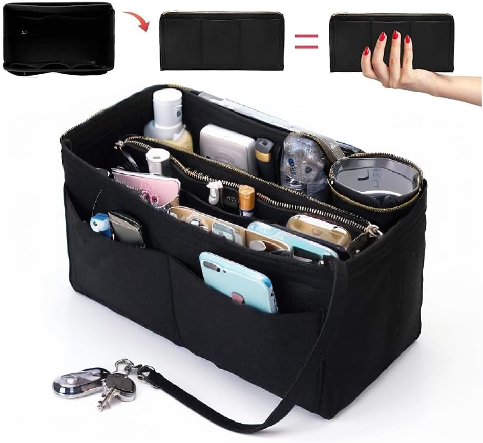 Tote Bag Organiser Insert,H HOME-MART Purse Organizer Insert Travel Large Purse Organizers,Felt Handbag Insert Liner with Zipper, Handbag & Tote Shaper for Speedy Neverfull Tote For Handbags