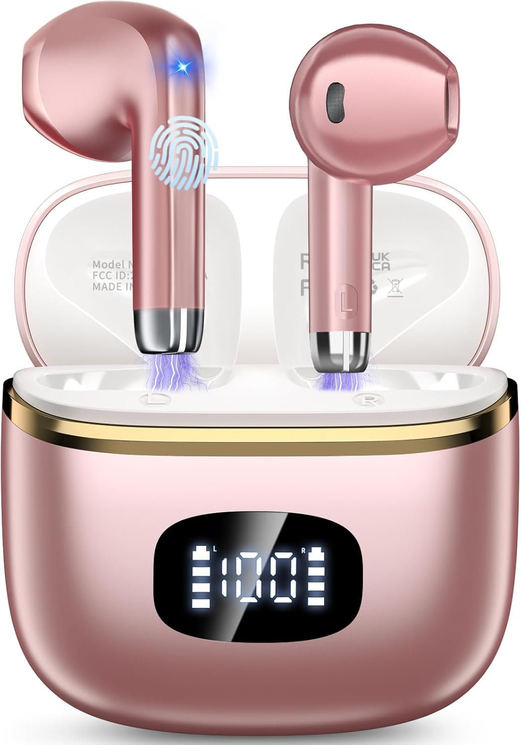 Wireless Earbuds, in Ear Headphones Bluetooth 5.3 with HiFi Stereo Deep Bass, Ear Buds with ENC Noise Cancelling Mics, Smart Touch, 40 Hours Playtime, Earphones for Sports, Work, Leisure, Rose Gold