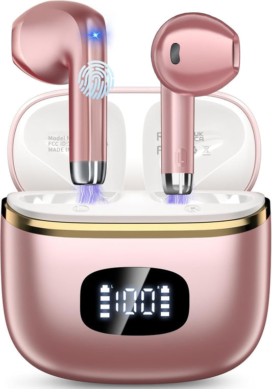 Wireless Earbuds, in Ear Headphones Bluetooth 5.3 with HiFi Stereo Deep Bass, Ear Buds with ENC Noise Cancelling Mics, Smart Touch, 40 Hours Playtime, Earphones for Sports, Work, Leisure, Rose Gold