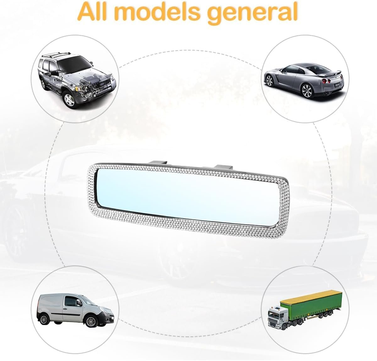 XINLIYA Bling Car Rearview Mirror, Decorations Rear View Mirror with Crystal Rhinestones & Diamonds, Car Interior Trim Accessories, Clip-on & HD Glass, Sparkly Gift for Mother Women Girls（Silver）