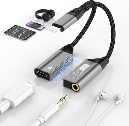 Magnetic Lightning to 3.5mm Audio Jack & Charging Adapter 2-in-1 Dual Port iPhone Dongle for Phone 14/13/12/11/X/8,iPhone Headphone Converter Splitter Fast Charge & Lossless Audio Sync