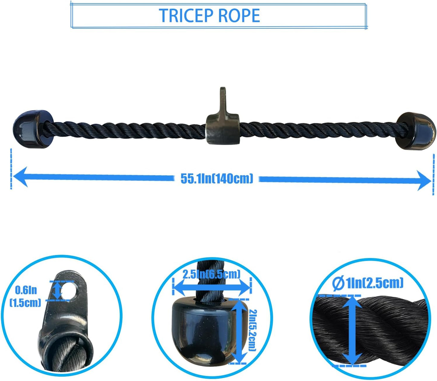 Long Tricep Rope, Rope Pull Down Attachment 47 55 63Inch Length Long, Tricep Rope Cable Attachment, Tricep Pull Down Rope for Home Gym Pulley System,Cable Machine Attachment
