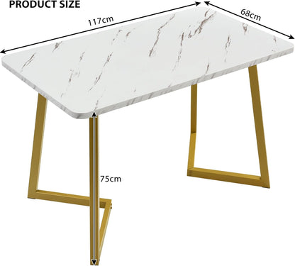 Cayipng 117 x 68 cm 5-Piece Dining Table Set with 4 Velvet Upholstered Chairs, Rectangular Kitchen Tables w/ Gloden Legs, Metal Frame & Marble Tabletop, Beige