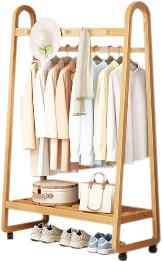 Generico Appendiabiti Multifunzionale in bambù con Ruote, 3-5 Ganci e ripiano portascarpe Mobile – Elegante Porta Abiti per Camera da Letto e Soggiorno, Design Color Legno da 80 cm