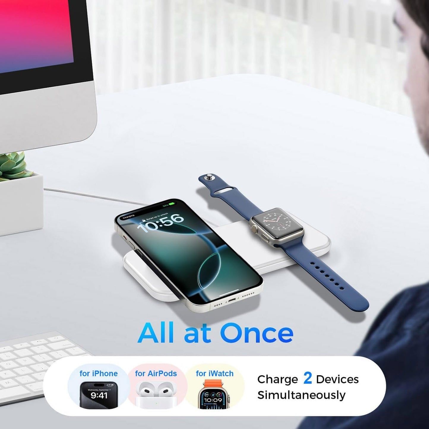 2 in 1 Wireless Charger Wireless Charging Pad Compatible with iPhone 16 15 14 13 12 11 XS XR X Series,Apple Watch 10/Ultra 2/9/Ultra/8/SE2/7/6/SE/5/4/3/2,Airpods4/3/Pro,Galaxy S Note Z Buds Series