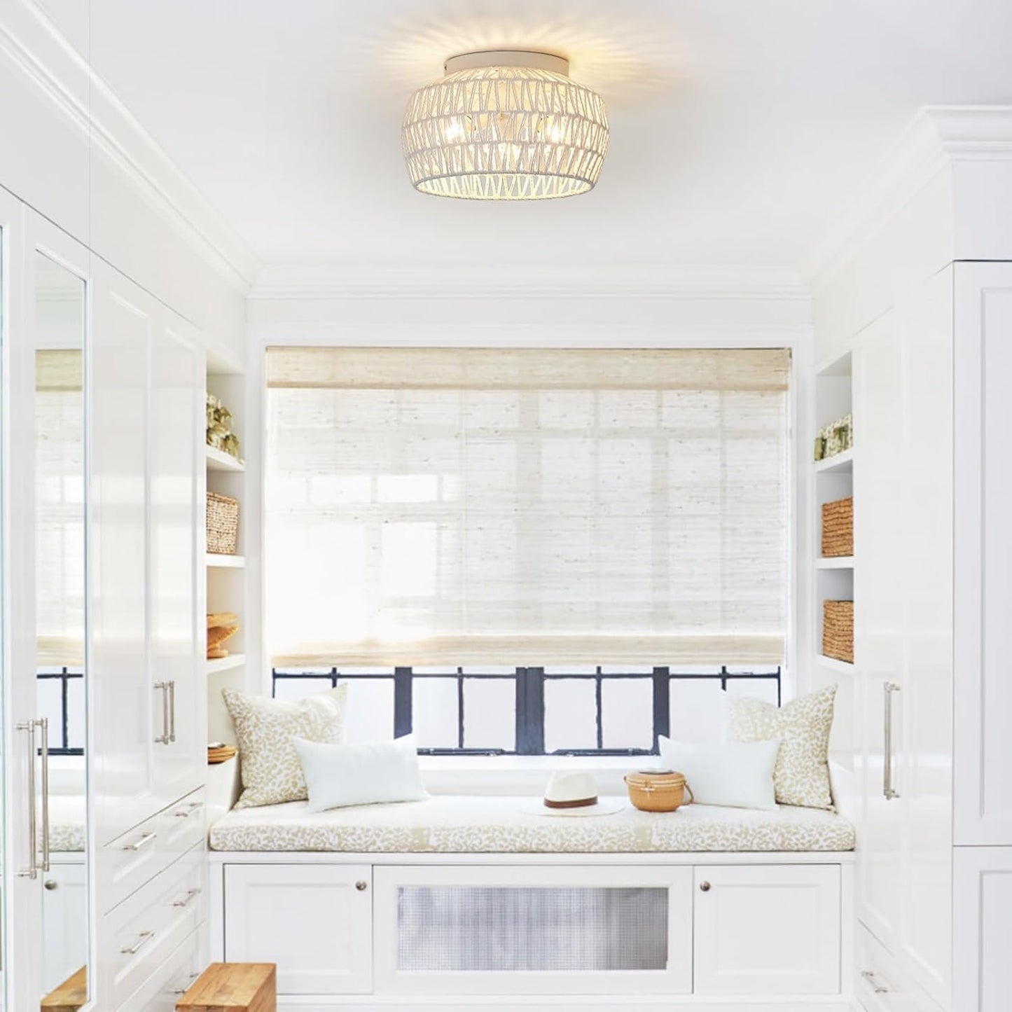 CWarmozy Semi Flush Mount 3-Light White Ceiling Light Fixture Boho Chandelier Light Fixtures Woven Rattan Small Chandelier for Dining Room Entryway Hallway Kitchen Island Dining Room Office