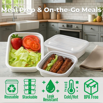 Golden Hub Meal Prep Containers with Lids 12-32oz BPA Free Plastic Food Storage Reusable Stackable Leak Proof Microwave Dishwasher Safe for Lunch Home Office White (32oz 50pc)