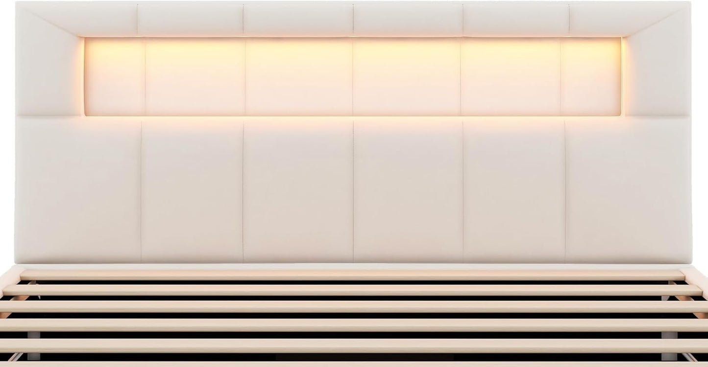 Azkoeesy LED Light Up Upholstered Bed with Storage Box Luxury Single Bed Slatted Base Velvet Upholstered Bed (Beige, 90 x 200cm)