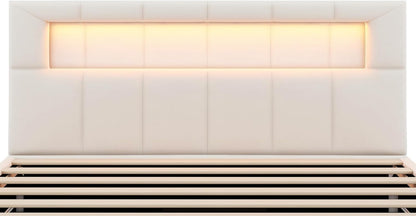 Azkoeesy LED Light Up Upholstered Bed with Storage Box Luxury Single Bed Slatted Base Velvet Upholstered Bed (Beige, 90 x 200cm)