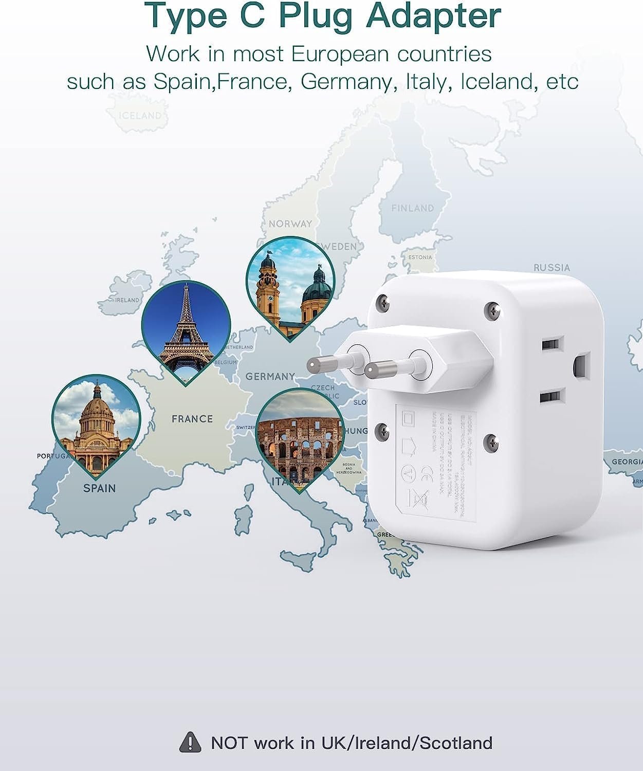 European Travel Plug Adapter, International Power Plug Adapter with 3 Outlets 3 USB Charging Ports(1 USB C), Travel Essentials to Italy,Greece,Israel,France, Spain (Type C)