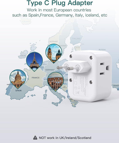 European Travel Plug Adapter, International Power Plug Adapter with 3 Outlets 3 USB Charging Ports(1 USB C), Travel Essentials to Italy,Greece,Israel,France, Spain (Type C)
