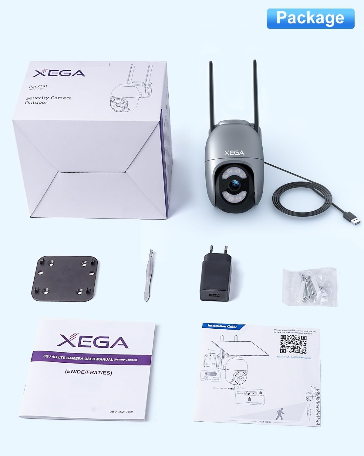 Xega 4G LTE Security Camera Outdoor with SIM Cardã€Plug in 24/7 Recordingã€‘ 2K Wired 4G No WiFi Security Camera, IP PTZ CCTV Auto Tracking Human Detection Spotlight Siren Alert TF Cloud Storage IP66