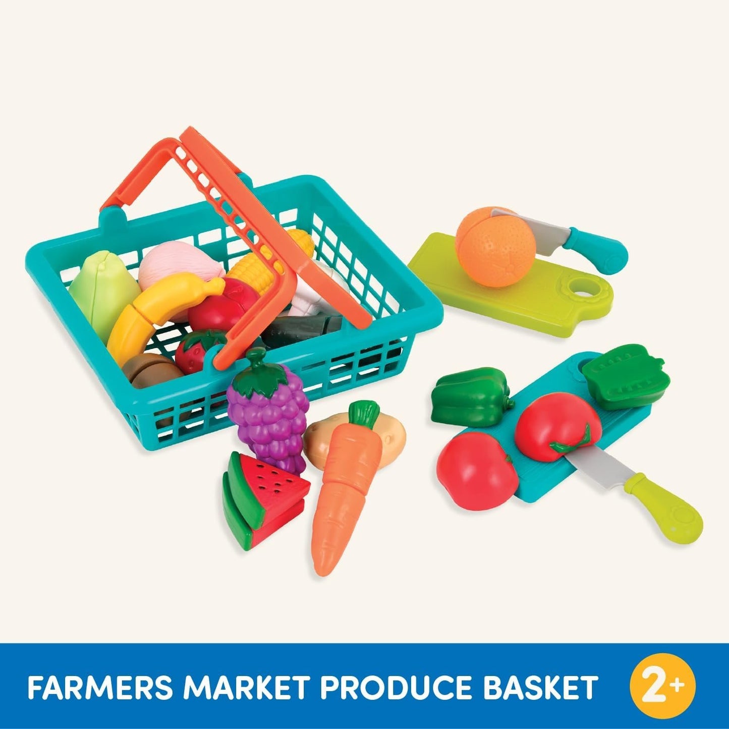Battat – Farmers Market Basket – Toy Kitchen Accessories – Pretend Cutting Play Food Set for Toddlers 3 Years + (37-Pcs)