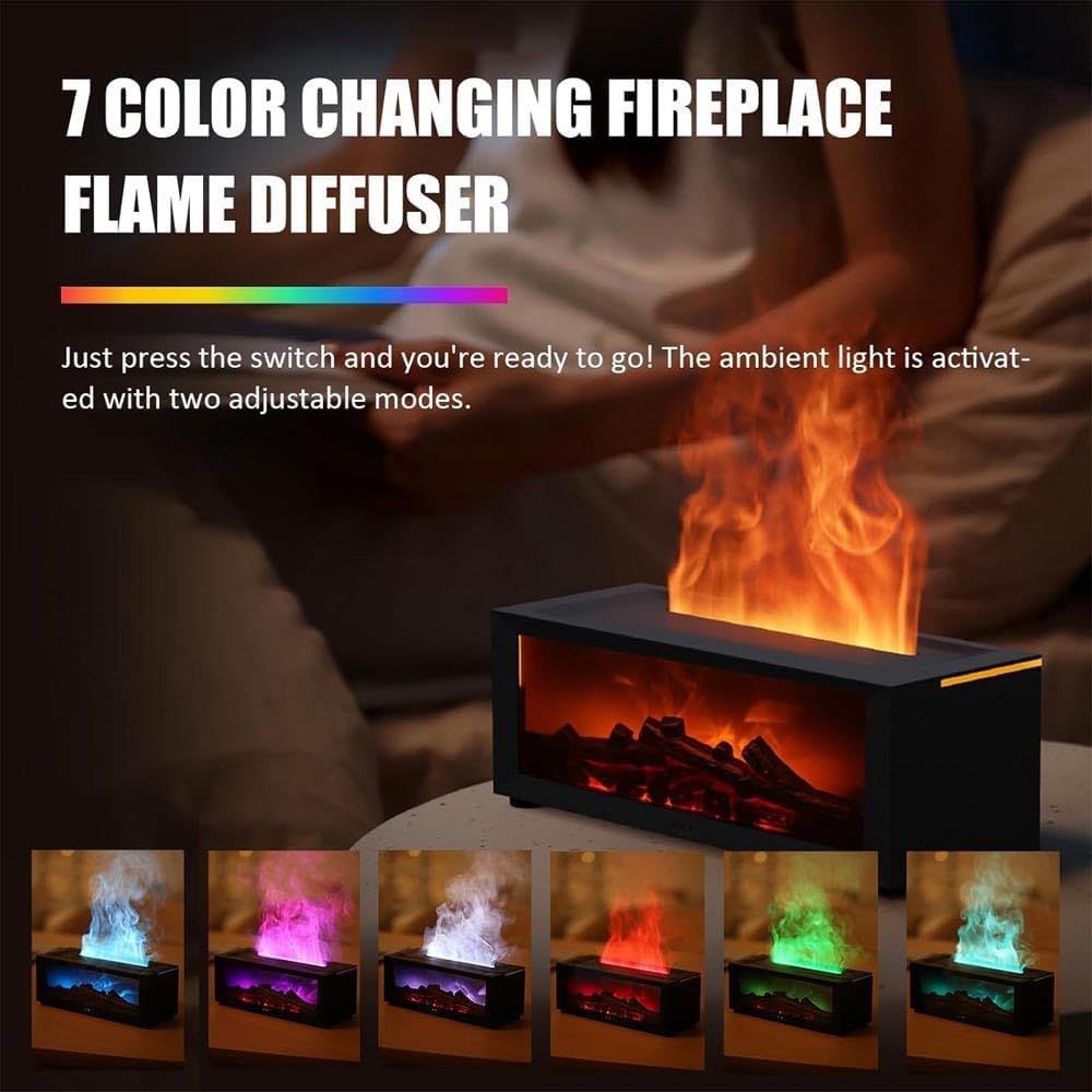 3D Flame Aroma Diffuser for Fireplace, 150 ml 3D Diffuser for Fireplace, Flame Diffuser in 7 Colours, for Home, Room, Office (Black)
