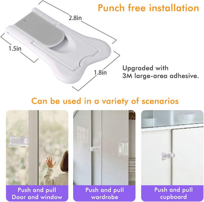 Sliding Door Lock for Child Safety - Baby Proofing Closets and Windows Locks 4 Pack - Strong Yet Easy Clean 3M Adhesive - Keyless, No Screws or Tools Required (White)