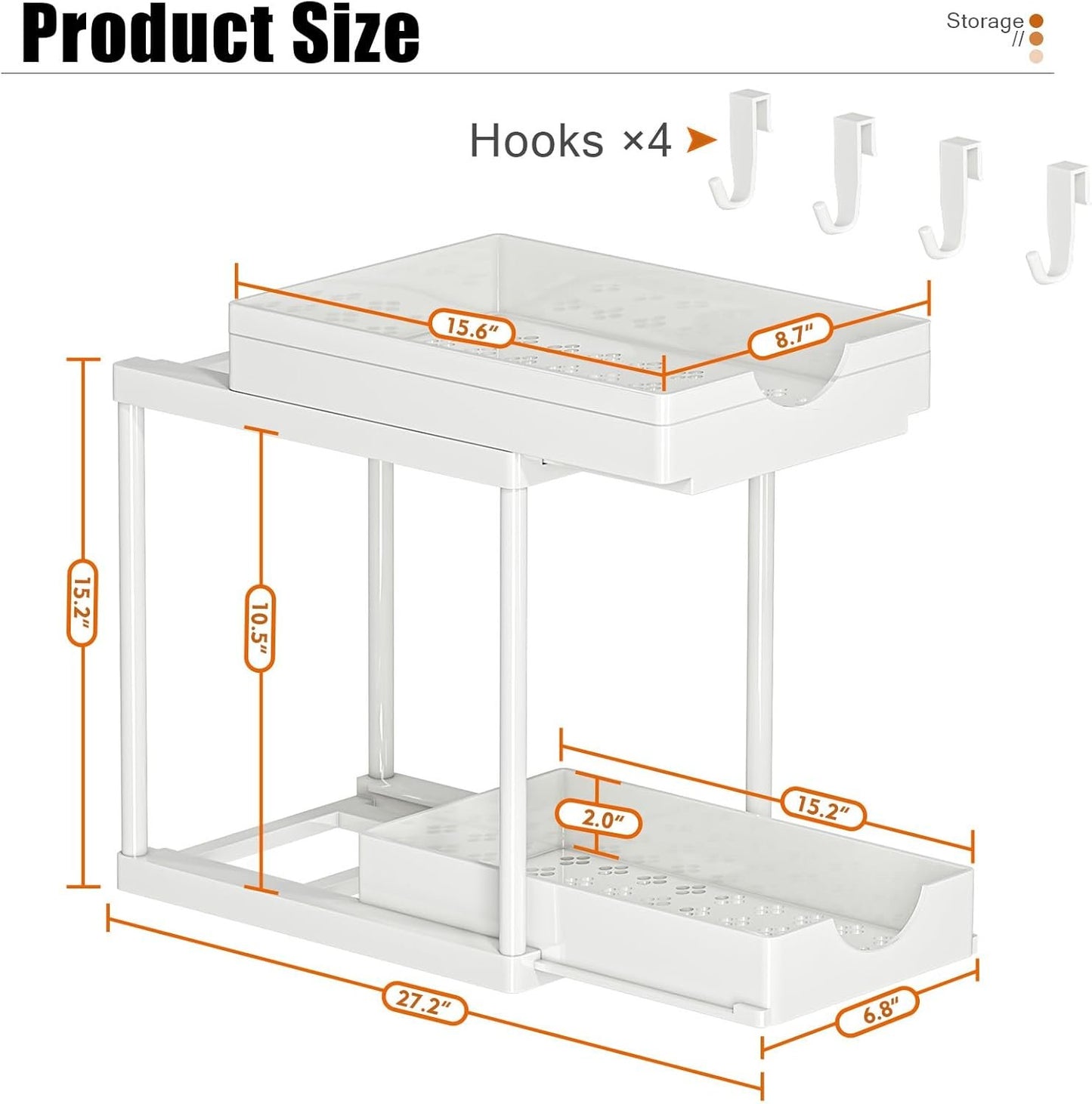 ARSTPEOE 2 Pack Double Sliding Under Sink Organizers and Storage,Two Tier Bathroom Storage and organization,Under Cabinet Organizer with Hooks Hanging Cup,Home Organization,White