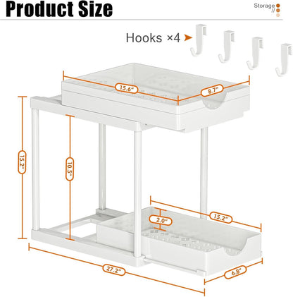 ARSTPEOE 2 Pack Double Sliding Under Sink Organizers and Storage,Two Tier Bathroom Storage and organization,Under Cabinet Organizer with Hooks Hanging Cup,Home Organization,White