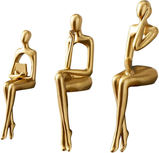 KUAHAI Three Piece Gold Sitting Figure Decoration, Abstract Thinkers on Bookcase Sculpture Feature Resin Sculpture Family Office