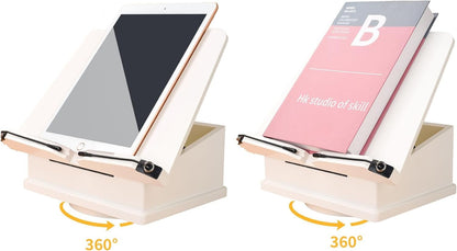 Large Wooden Book Stand with Carousel Base –Adjustable Book Holder with Storage Box and Magnetic Stand – 360° Rotate Wooden Book Organizer for Cookbook, Reading Book, Magazine, Laptop (White)