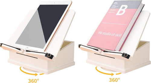 Large Wooden Book Stand with Carousel Base –Adjustable Book Holder with Storage Box and Magnetic Stand – 360° Rotate Wooden Book Organizer for Cookbook, Reading Book, Magazine, Laptop (White)