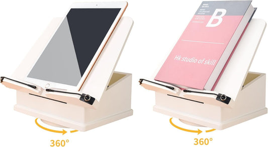 Large Wooden Book Stand with Carousel Base –Adjustable Book Holder with Storage Box and Magnetic Stand – 360° Rotate Wooden Book Organizer for Cookbook, Reading Book, Magazine, Laptop (White)