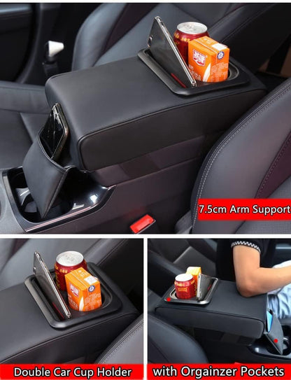 Car Center Console Armrest Cushion, Universal Leather Memory Foam Armrest Cover Pillow with Bling Coaster, Auto Arm Rest Support Pad Protector Interior Accessories