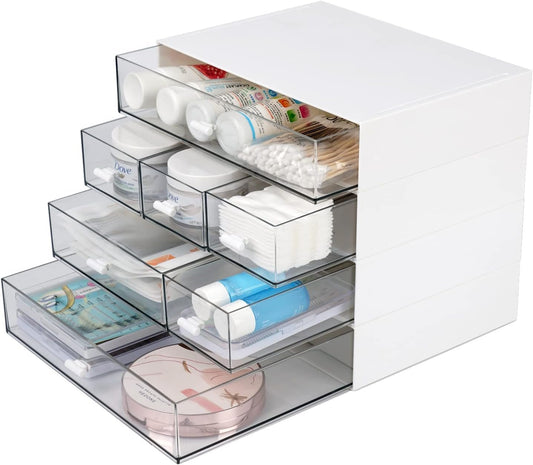OSteed Desk Craft Organizer and Storage with 7 Flat Drawers, Stackable Plastic Desktop Accessories & Workspace Organizer for Office Stationary, Makeup Skincare, Sanitation Supplies, White