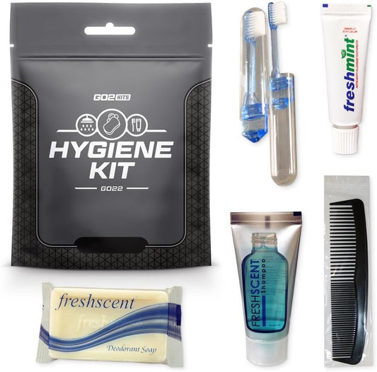 Go2Kits Travel Toiletry Kit, Hygiene Kit for Travel, Business & Charity with Reusable Toothbrush, Bath Soap & Other Essential Toiletries, 1-Pack