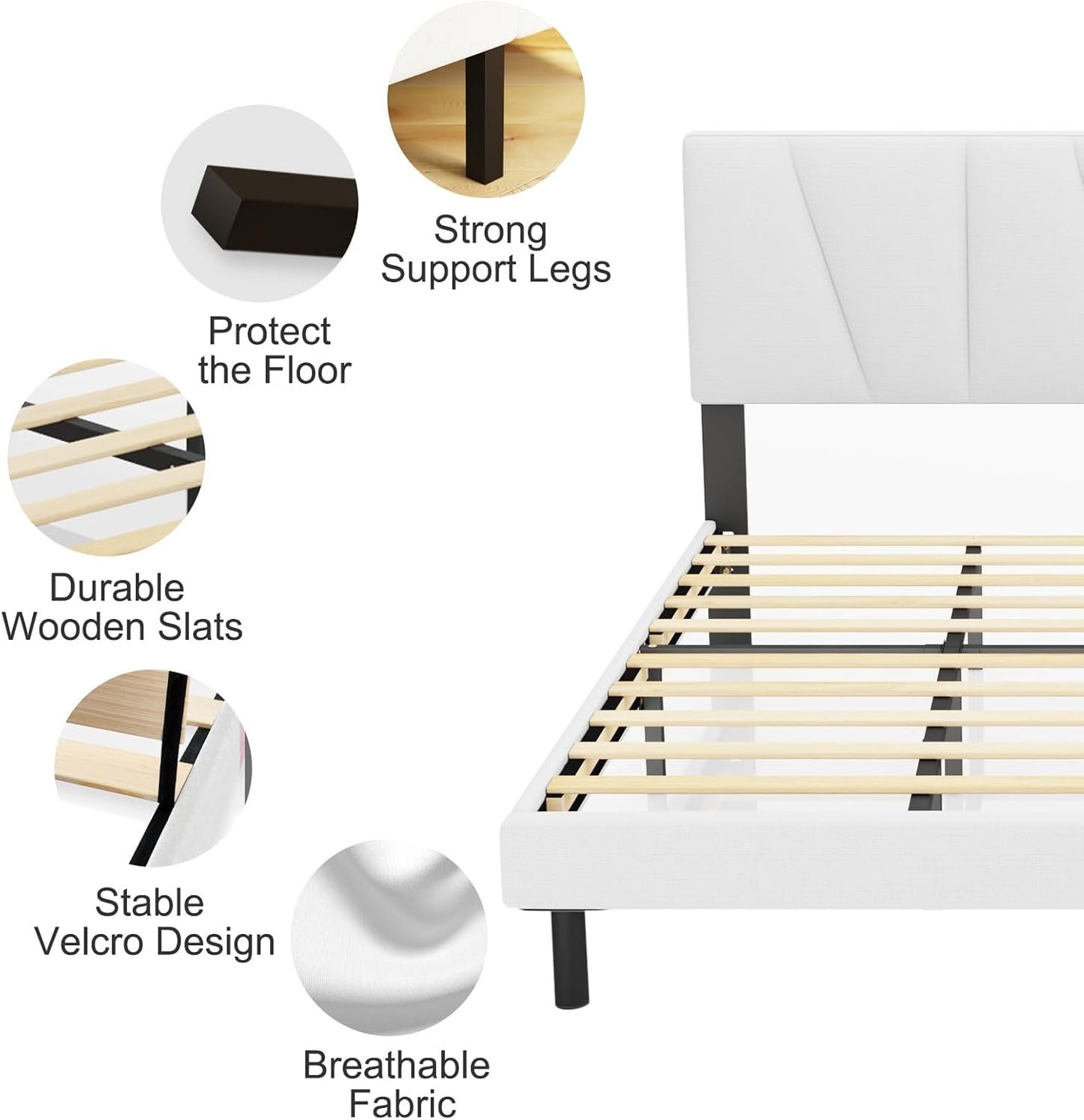 Queen Bed Frames with Upholstered Headboard,Linen Fabric Wrap,Strong Steel and Wooden Slats Support,No Box Spring Needed,Non Slip and Noiseless,Easy Assembly, Queen White Bed