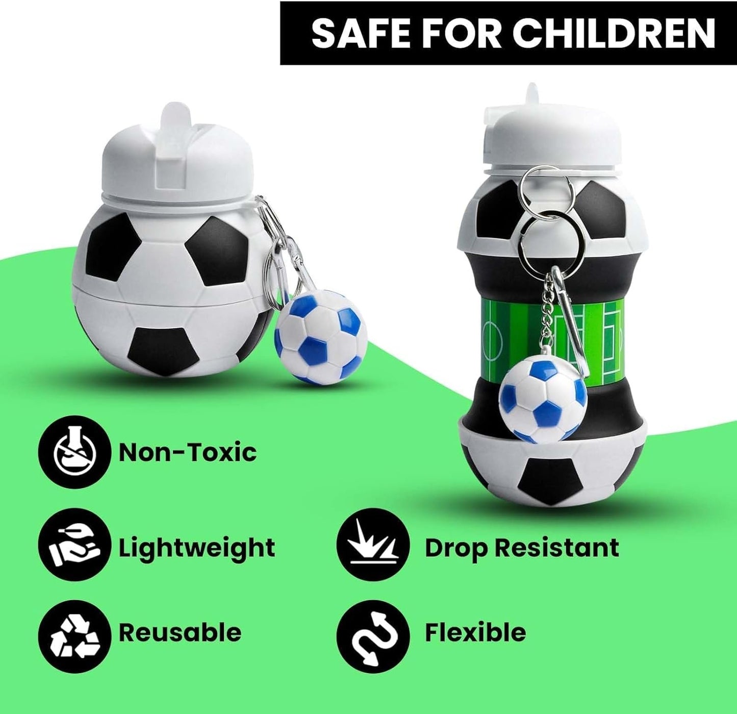 Kids Soccer-Themed Collapsible Silicone Water Bottle - Travel-Friendly, Football Design Sports Drinkware for Children