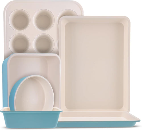 NutriChef Ceramic-Coated Nonstick Bakeware Set – Baking Sheets & Oven Trays, Quality Kitchenware for Cooking & Baking, Aqua & White, 6pc