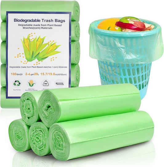 Biodegradable Trash Bags 100 Counts 2.6 Gallon Garbage Bags Small Strong Eco-Friendly Wastebasket Liners for Bathroom Kitchen Office-Green
