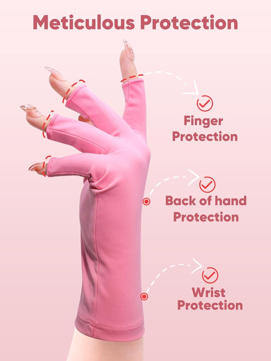 Beloving UV Gloves for Gel Nail Lamp, Professional UV Shield Glove Protection Gloves UPF 50+ for Manicures, Nail Art Skin Care, Anti-UV Fingerless Protect Hands from UV Light Harm, Pink