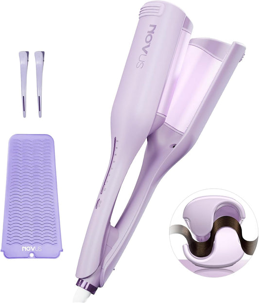 Waver Curling Iron NOVUSPRO Hair Crimper,Deep Waves Curler Wand for All Hair Types,Ionic Hair Curler Tool with Ceramic 2 Barrel,Anti-Scald & Fast Heat up & Adjustable Time/Temps & 1.4-Inch