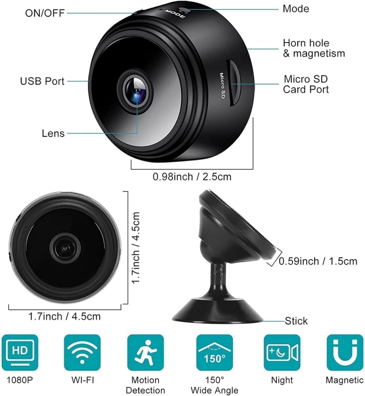 Suonady-Spy Focus Magnetic Mini Security Camera 3pack Mini Surveillanc Camer WiFi Wireless Small Security Camera for Home Indoor/Outdoor Black