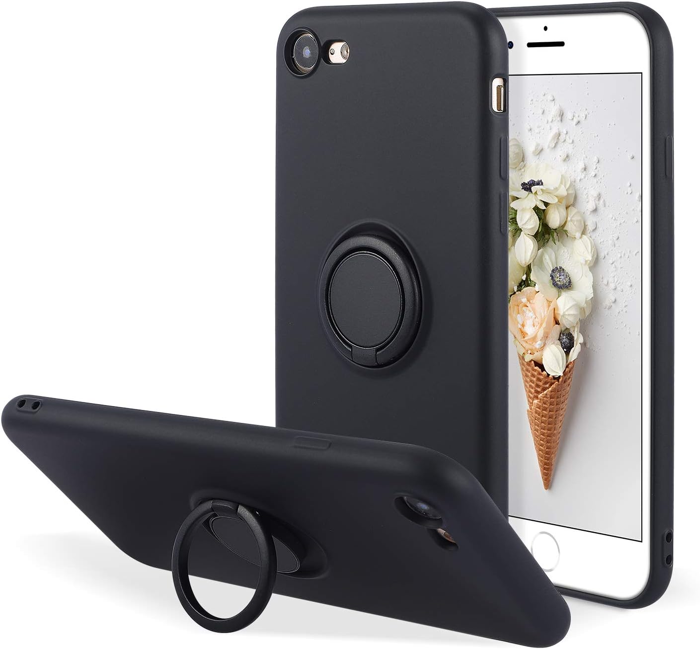 UEEBAI Case for Apple iPhone SE 2022 5G/iPhone 7/iPhone 8/iPhone SE 2020 (4.7 inches), Slim Liquid Silicone Phone Case with Ring Holder Kickstand Magnetic Car Mount Cover for iPhone SE3/SE2- Black
